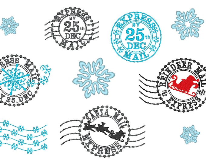 Big SET of Reindeer mail express Santa Claus mail by 25th December Christmas sack stamp snowflake machine embroidery designs assorted sizes