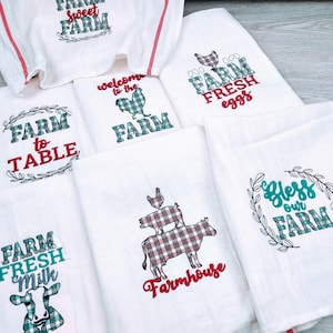 Primitive Farm to table, fresh farm eggs, cow milk, chicken plaid gingham tartan dish kitchen towel SET 7 quotes machine embroidery designs