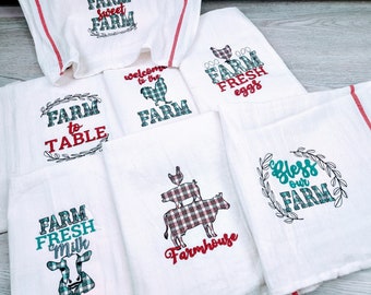 Primitive Farm to table, fresh farm eggs, cow milk, chicken plaid gingham tartan dish kitchen towel SET 7 quotes machine embroidery designs