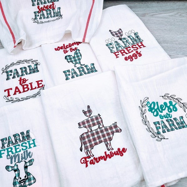 Primitive Farm to table, fresh farm eggs, cow milk, chicken plaid gingham tartan dish kitchen towel SET 7 quotes machine embroidery designs