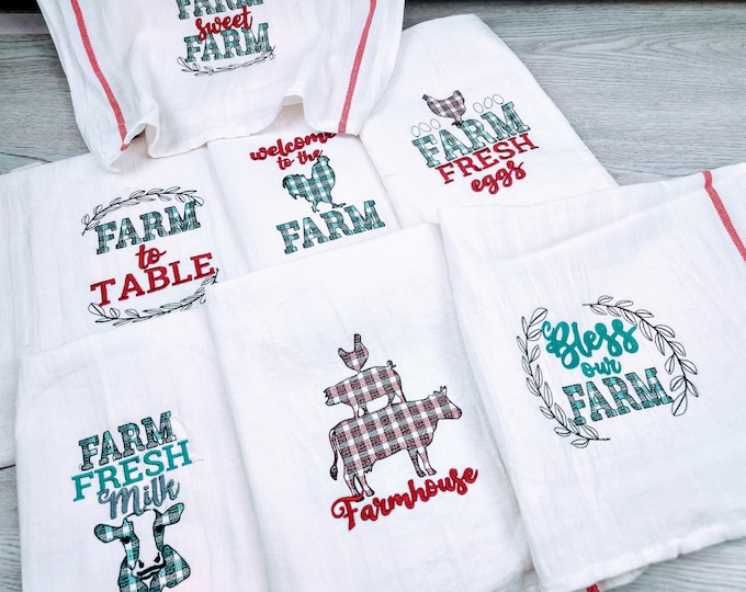 Primitive Farm to table, fresh farm eggs, cow milk, chicken plaid gingham tartan dish kitchen towel SET 7 quotes machine embroidery designs