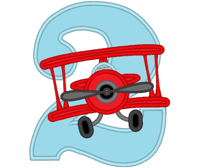 Airplane Birthday number TWO 2 Applique machine embroidery designs kids boy baby Birthday outfit hoop 4x4, 5x7, 6x10 vehicle plane number