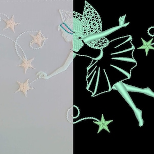 May include: A green fairy with a star-shaped halo is flying with a string of stars. The fairy is wearing a green dress and has a green halo. The stars are white and green.