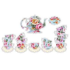 Juego de 7 tipos de teteras y tazas de té apiladas con apliques curvos para fiestas de té, diseños de bordado a máquina para tazas, tazas de té para niños, niñas y bebés.