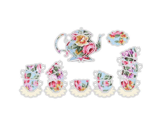 Tea Party Teapot and Stacked teacups Applique SET of 7 types curved Stack of cups machine embroidery designs kids girls baby Teacup Tea Cup