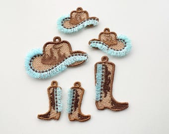 Western Cowboy cowgirl fringed fluffy Boots Hat Earrings charm pendant FSL freestanding lace machine embroidery designs ITH in the hoop