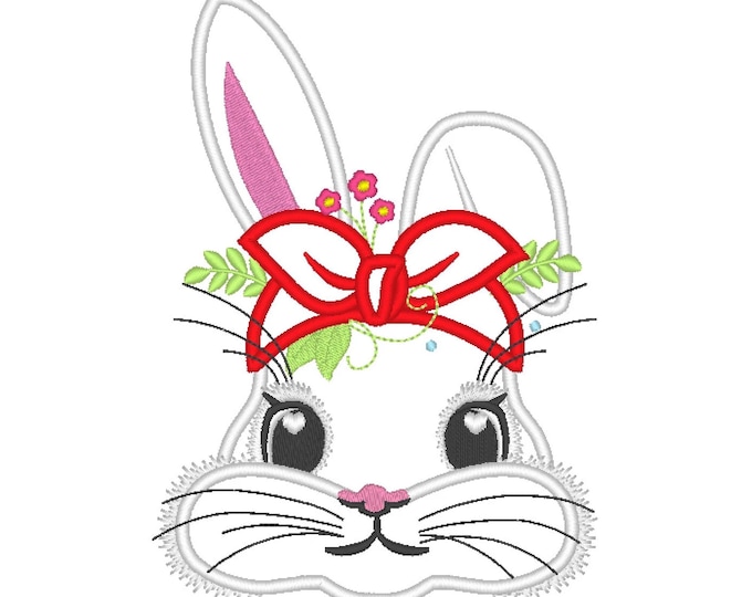 Easter Bunny with Bandanna and flowers Applique machine embroidery designs summer farm bunny animal kids girls sizes 4 up to 7 inch