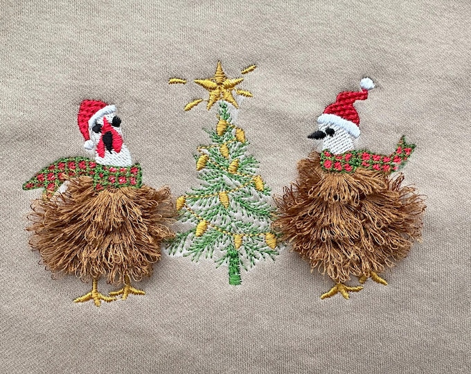 Funny Santa Chicken and Christmas Tree fringed fluffy chenille farm bird machine embroidery designs awesome fringe fur Chickens 5 and 6 inch
