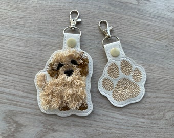 Little Puppy and Dog Paw SET of 2 eyelet keychain Cockapoo Goldendoodle Maltipoo Poodle key fob fringed machine embroidery designs ITH