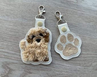 Little Puppy and Dog Paw SET of 2 eyelet keychain Cockapoo Goldendoodle Maltipoo Poodle key fob fringed machine embroidery designs ITH