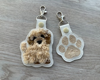 Little Puppy and Dog Paw SET of 2 eyelet keychain Cockapoo Goldendoodle Maltipoo Poodle key fob fringed machine embroidery designs ITH