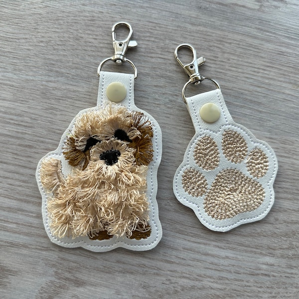 Little Puppy and Dog Paw SET of 2 eyelet keychain Cockapoo Goldendoodle Maltipoo Poodle key fob fringed machine embroidery designs ITH