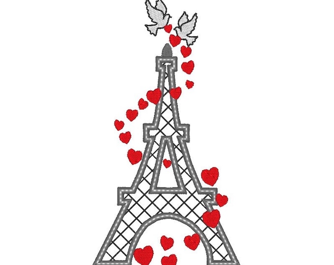 Romantic Eiffel Tower Dove Heart Love in Paris Applique and fill stitch machine embroidery designs sizes 4 up to 7 inch