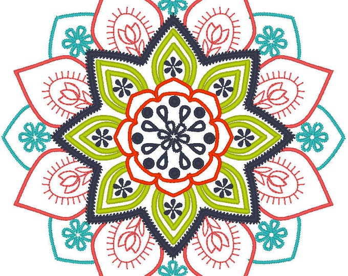 Mehndi circle ornament - machine embroidery designs INSTANT DOWNLOAD assorted sizes 4x4, 5x5, 6x6 and 8x8 colorful mandala flower