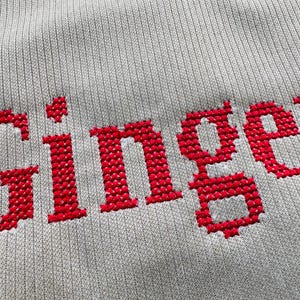 May include: A close-up of a gray knitted fabric with the word "Ginger" embroidered in red.