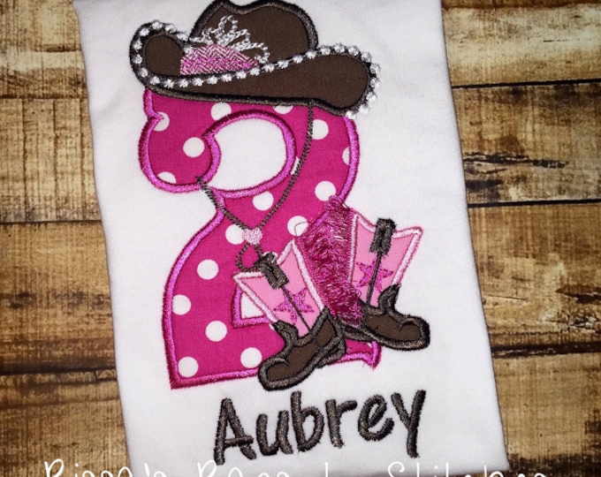 Girly Cowboy Birthday number TWO only one number 2 - machine embroidery applique designs 5x7 INSTANT DOWNLOAD