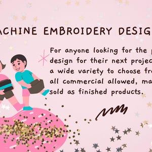 May include: Two cartoon characters, a girl and a boy, are walking on a pink cloud with gold glitter. The text "MACHINE EMBROIDERY DESIGNS" is at the top of the image. The text below the characters reads "For anyone looking for the perfect design for their next project. With a wide variety to choose from, and all commercial allowed, may be sold as finished products."
