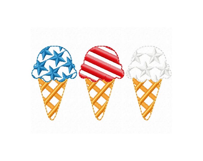 Patriotic ice cream waffle cones with Stars and Stripes 3 in a row machine embroidery designs Independence Day embroidery multiple sizes