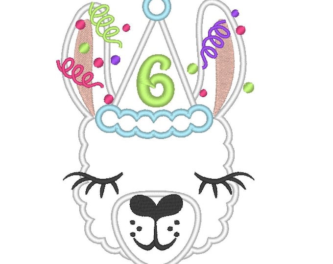 Number 6 SIX birthday Llama alpaca Birthday hat outfit llama with number Applique Design lama machine embroidery designs 4x4 5x7 6x10