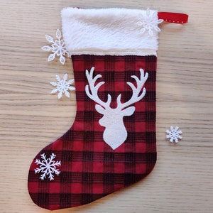 Buck deer Gingham plaid 2 types Christmas Stockings with cuff, Sock for advent, Easy In The Hoop ITH machine embroidery design Quilted