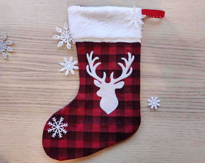 Buck deer Gingham plaid 2 types Christmas Stockings with cuff, Sock for advent, Easy In The Hoop ITH machine embroidery design Quilted