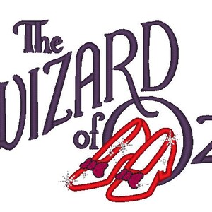 May include: Purple text that reads "The Wizard of Oz" with a pair of red ruby slippers with a bow on each shoe.