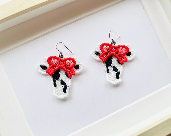 Farm Cow & bow lace earrings charm necklace pendant FSL freestanding lace machine embroidery designs kids girl pretty earrings farm animal