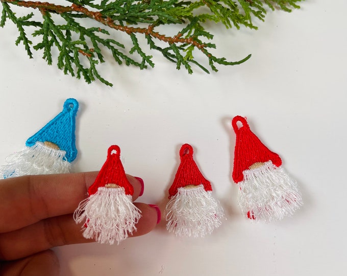 Mini micro wee FSL lace Gnome earrings fringed fluffy beard chenille fringe ITH in the hoop machine embroidery designs Merry Christmas