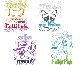 For cat lovers cattitude kitty Kitchen SET of 4 cute quotes saying kitchen towel machine embroidery designs for hoop 4x4, 5x7 light stitch