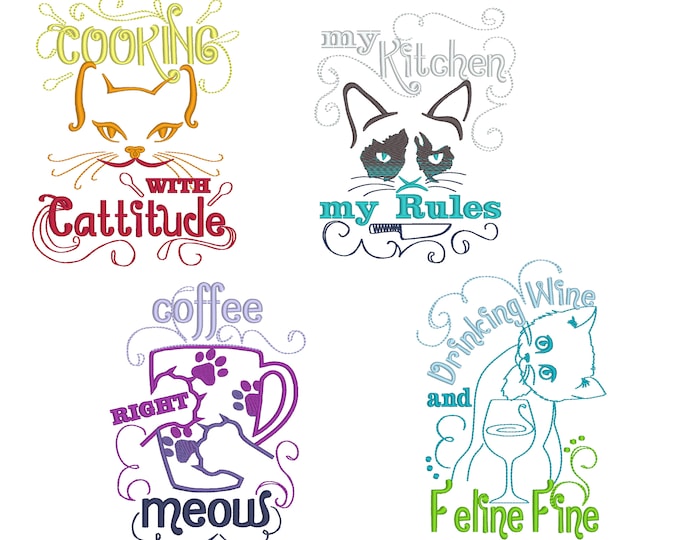 For cat lovers cattitude kitty Kitchen SET of 4 cute quotes saying kitchen towel machine embroidery designs for hoop 4x4, 5x7 light stitch