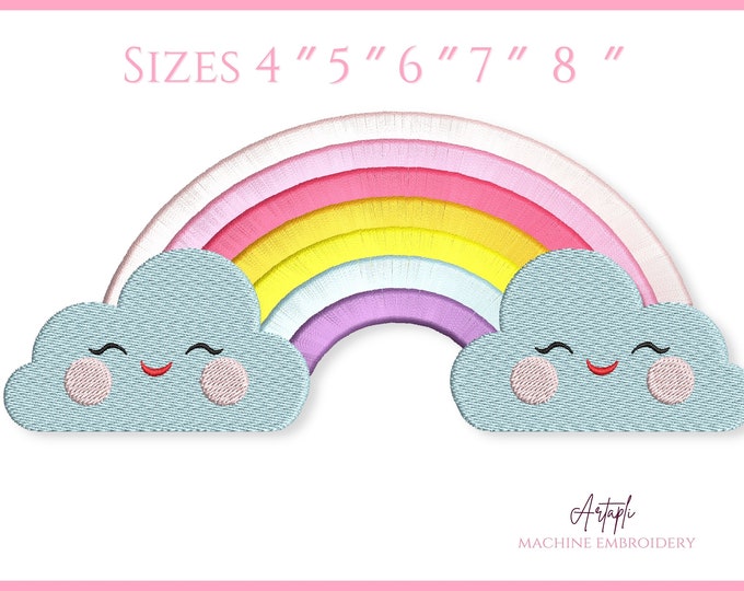 Cute Rainbow with pretty clouds machine embroidery designs in assorted sizes for children kids baby smiling cloud smile face cute cloud