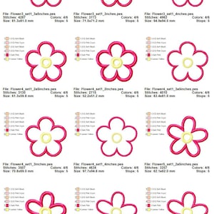 May include: A set of six embroidery designs featuring a pink flower with a yellow center. The designs are available in various sizes, ranging from 1.25 inches to 3.5 inches.