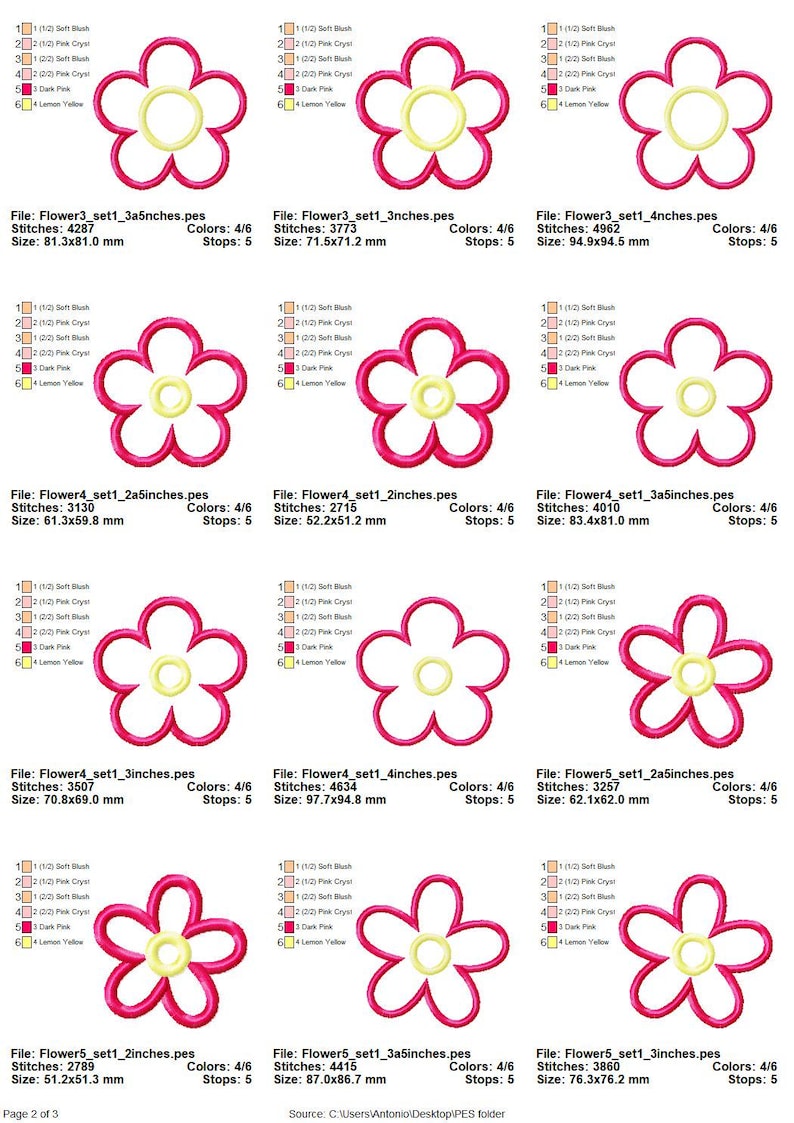 May include: A set of six embroidery designs featuring a pink flower with a yellow center. The designs are available in various sizes, ranging from 1.25 inches to 3.5 inches.