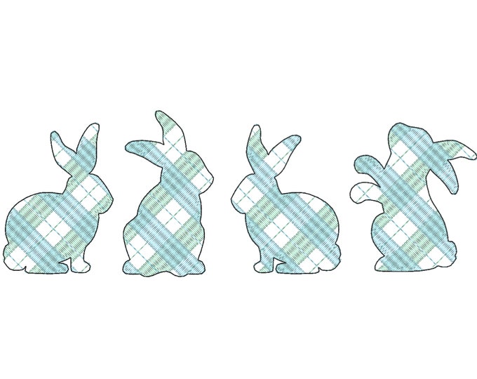 Gingham Tartan buffalo plaid Easter bunny, 4 bunnies in a row, sketch stitch outline Machine embroidery designs many sizes, bunny silhouette