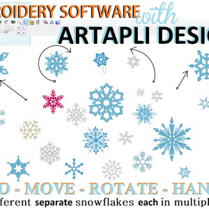 May include: A computer screen displaying embroidery software with the text "ARTAPLI DESIGNS" and a variety of snowflake designs. The text "ADD - MOVE - ROTATE - HANDLE" and "23 Different separate snowflakes each in multiple sizes" is also displayed on the screen.