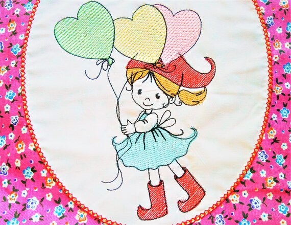 Little Girl Gnome Redwork Sketch Outline Baby Nursery Embroidery Design Quick Stitch Embroidery Designs 4x4 5x7