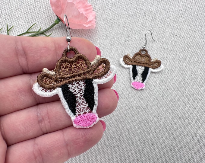 Cow with Cowboy Hat Cowgirl Earrings charm pendant FSL freestanding lace machine embroidery designs kids girls earrings ITH in the hoop