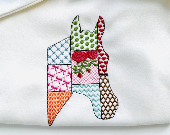 Patchwork Horse face Farm animal patterned Horse head silhouette outline machine embroidery designs sizes 4 up to 9in folk pillowcase tshirt