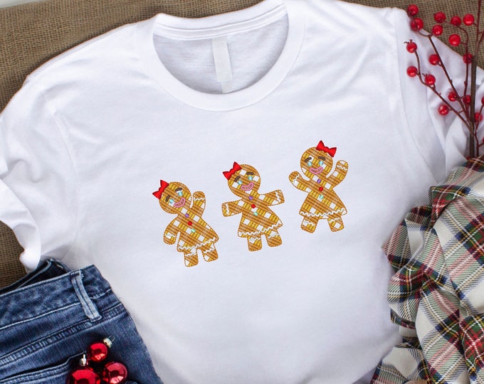 Gingham Christmas Gingerbread Trio Boy Girl Ginger bread Machine Embroidery Design three gingerbread man in a row tartan buffalo plaid