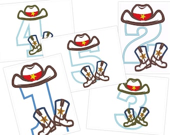 Cowboy Birthday kicking boots numbers from 1 to 5 - machine embroidery applique designs 5x7, sizes 5 and 6 inches