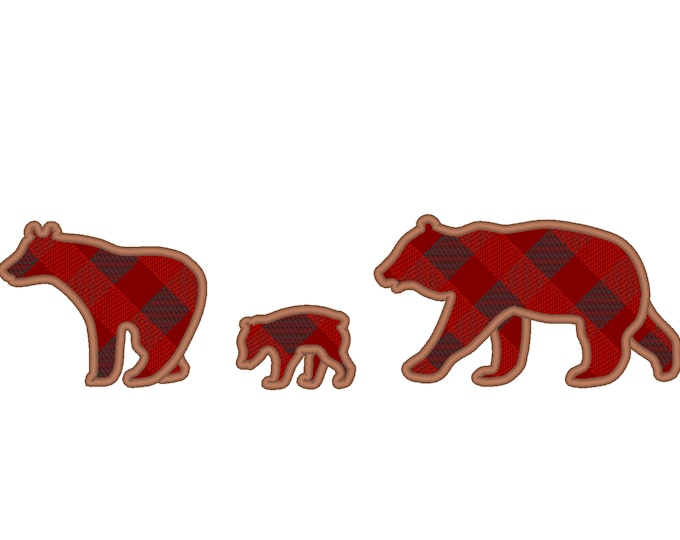 Plaid Bears, gingham, mamabear, babybear, papabear, 3 bears family can be used as single and in row blanket embroidery designs 4x4 5x7 6x10