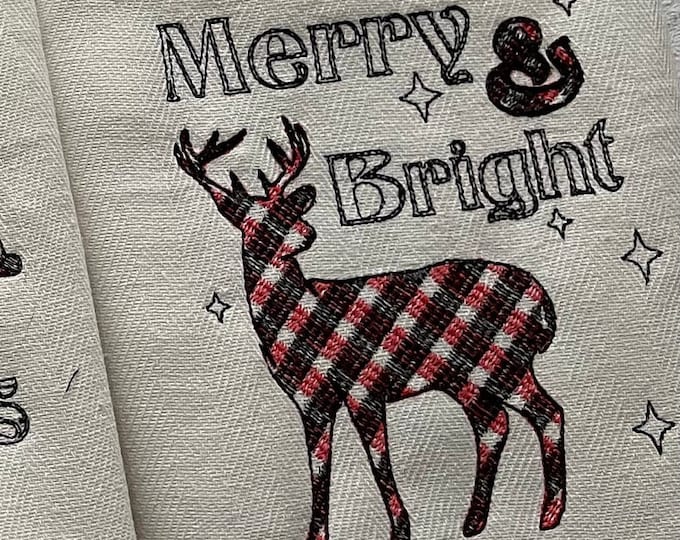 Merry Christmas gingham tartan check old fashioned classic Pillow or Kitchen dish towel Merry & Bright buck deer machine embroidery designs