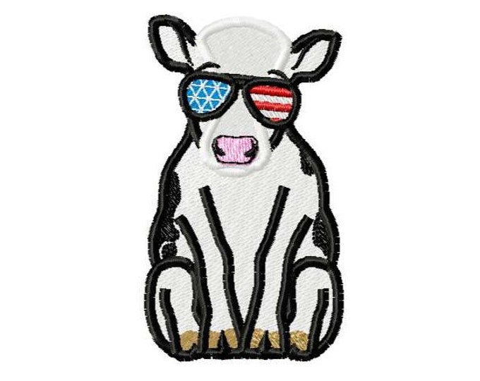 MINI sitting Cow aviator glasses American flag mini size machine embroidery designs 2.5, 3 and 3.5" farm animal cow heifer fill stitch