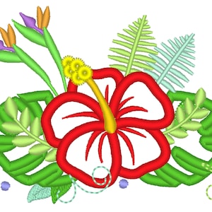 May include: A red hibiscus flower with yellow center and green leaves. The flower is surrounded by green leaves and a few small blue flowers.