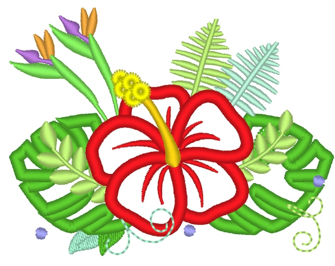 Tropical flowers big leaves hibiscus flower crown applique machine embroidery design Summer floral blossom embroidery designs assorted sizes