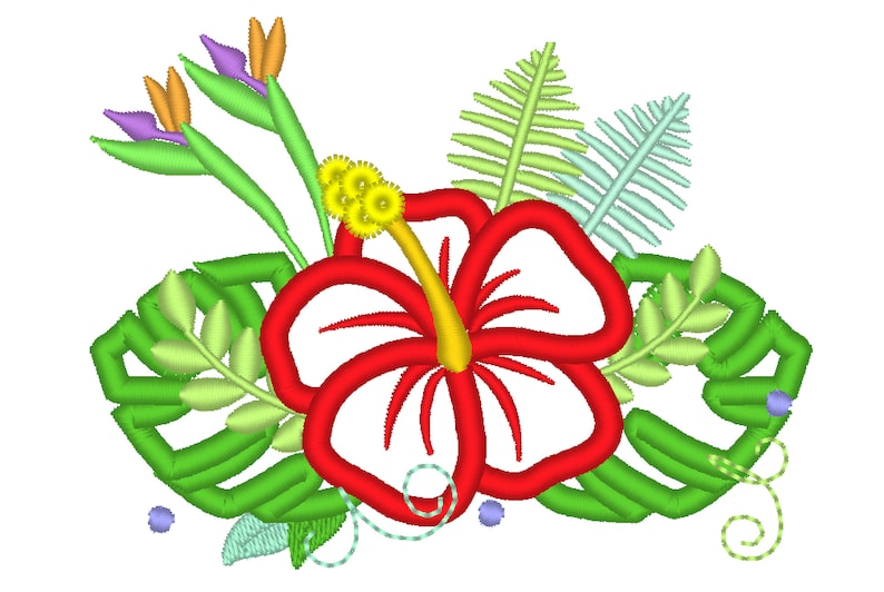 May include: A red hibiscus flower with yellow center and green leaves. The flower is surrounded by green leaves and a few small blue flowers.