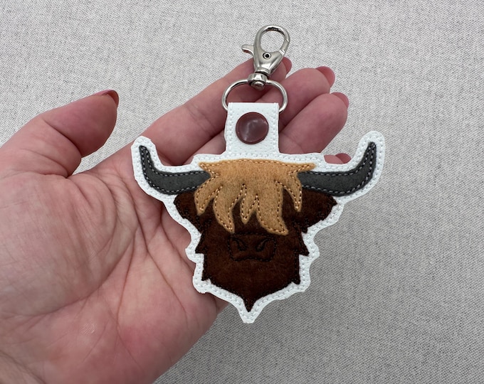 Rustic Highland Cow Bull Applique Eyelet and Key Fob Snap Tab keychain in the hoop machine embroidery designs ITH men boys key tag gift idea