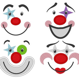 May include: Four different clown faces with various expressions. Each face has a red nose, a star on one eye, and a smile. The faces are in black, white, red, blue, green, and purple.