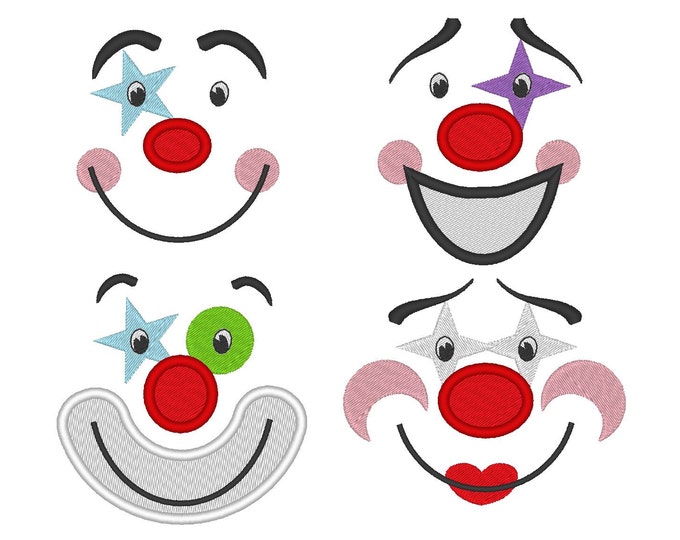Adorable clown faces for Your Toy machine embroidery designs and applique designs SET of 4 types for hoop 4x4, 5x7 kids doll toy clown face