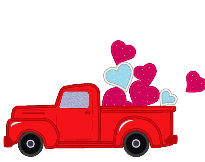 Vintage station wagon red truck, with hearts in the back, red truck with floating heart machine embroidery applique fill design 4x4 5x7 6x10